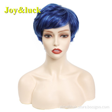 Women Wig Wholesale Wigs With Bangs Free Part Blue Daily or Cosplay Ladies Hair Natural Straight Short Synthetic Hair Wigs